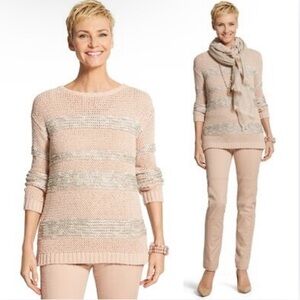 Chico’s Large (3) Pink Sweater Marley Sparkle Stripe Pullover Tunic Length Fall
